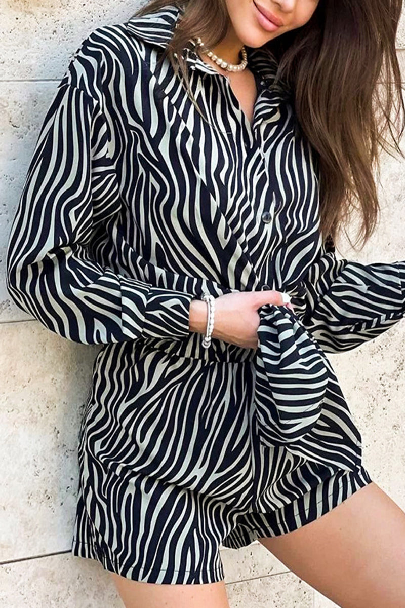 Animal Print Print Buttons Turndown Collar Long Sleeve Two Pieces