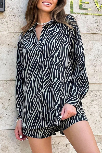 Animal Print Print Buttons Turndown Collar Long Sleeve Two Pieces