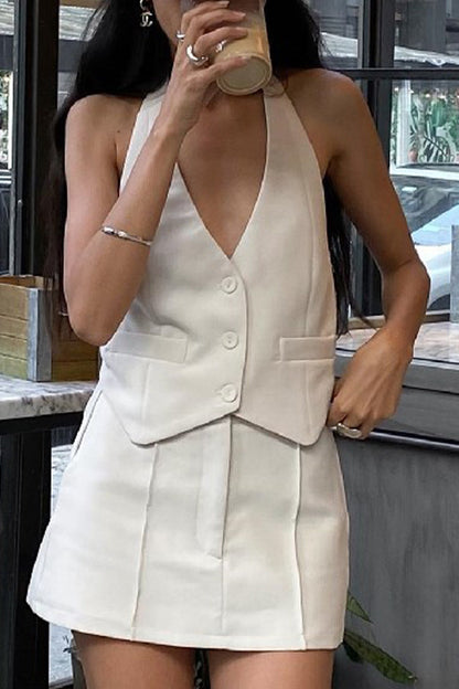 British Style Backless Halter Sleeveless Two Pieces