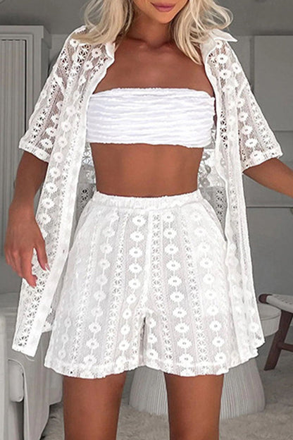 Lace Hollowed Out Turndown Collar Short Sleeve Two Pieces