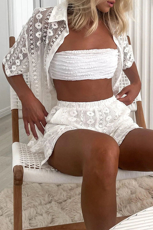 Lace Hollowed Out Turndown Collar Short Sleeve Two Pieces
