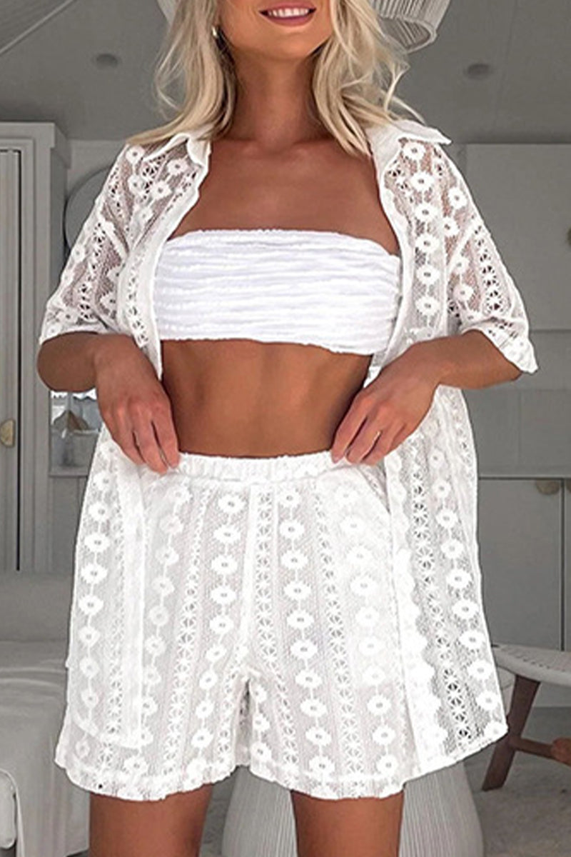 Lace Hollowed Out Turndown Collar Short Sleeve Two Pieces