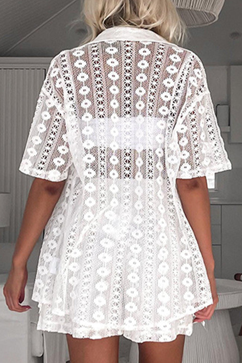 Lace Hollowed Out Turndown Collar Short Sleeve Two Pieces