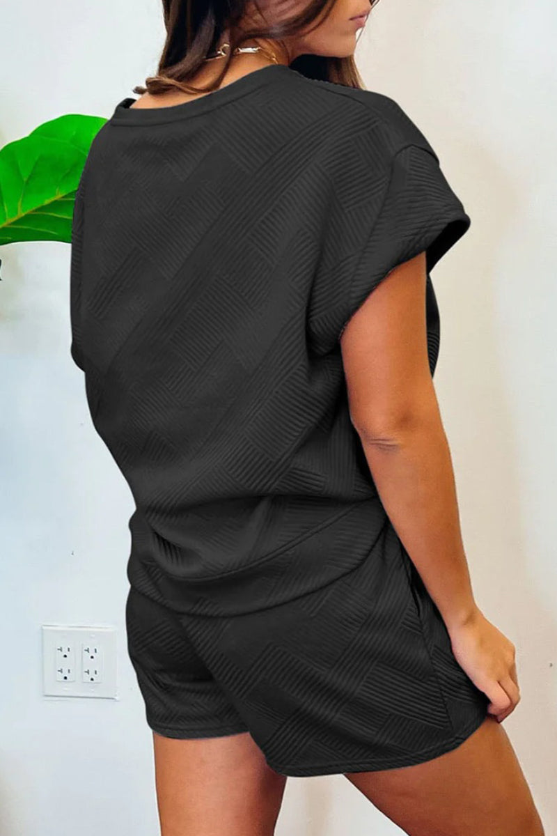 Simplicity Pocket Frenulum Texture O Neck Short Sleeve Two Pieces