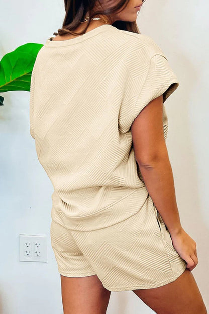 Simplicity Pocket Frenulum Texture O Neck Short Sleeve Two Pieces