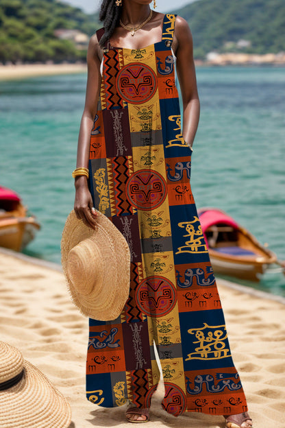 Print Backless Square Collar Regular Jumpsuits
