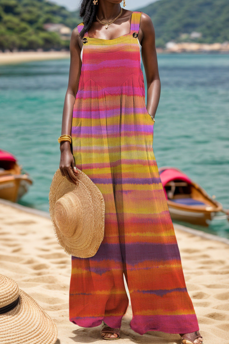Print Backless Square Collar Regular Jumpsuits