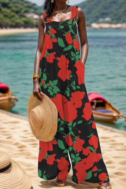 Print Backless Square Collar Regular Jumpsuits