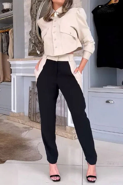 British Style Color Block Pocket Contrast Turndown Collar Long Sleeve Two Pieces