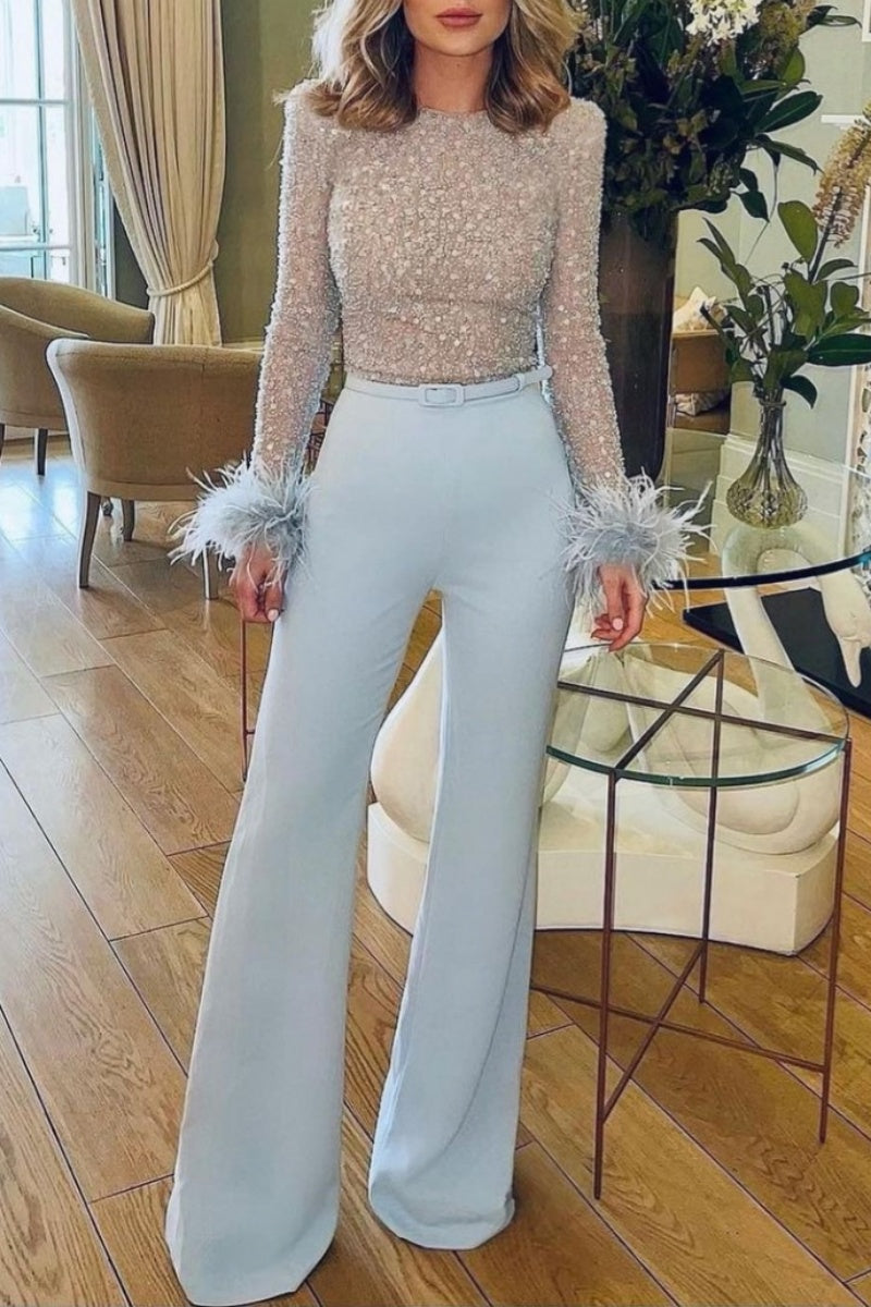 Patchwork Sequins With Belt O Neck Skinny Jumpsuits (subject to the Actual Object)