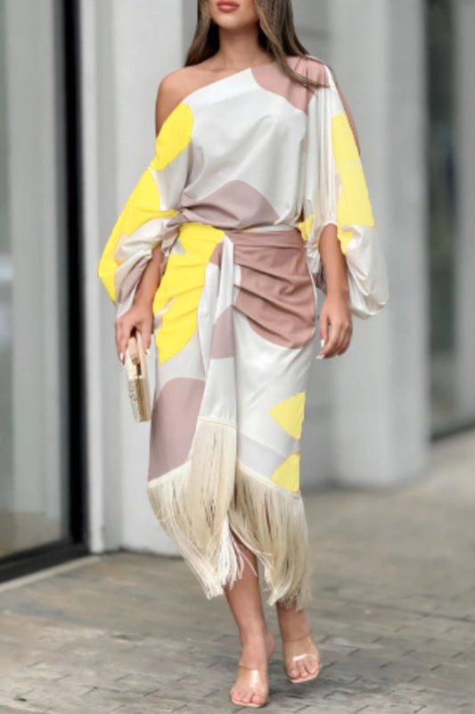 Geometric Print Tassel Fold Oblique Collar Long Sleeve Two Pieces