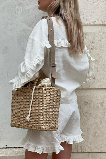 Simplicity Buckle Flounce V Neck Long Sleeve Two Pieces