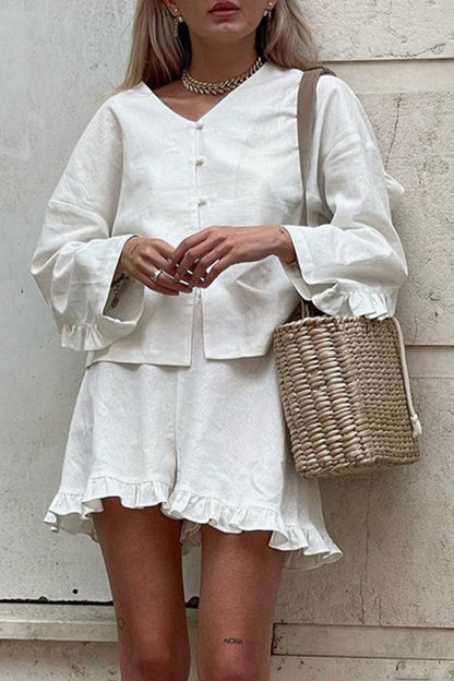 Simplicity Buckle Flounce V Neck Long Sleeve Two Pieces
