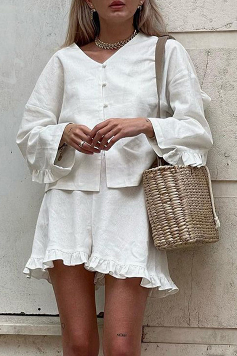 Simplicity Buckle Flounce V Neck Long Sleeve Two Pieces