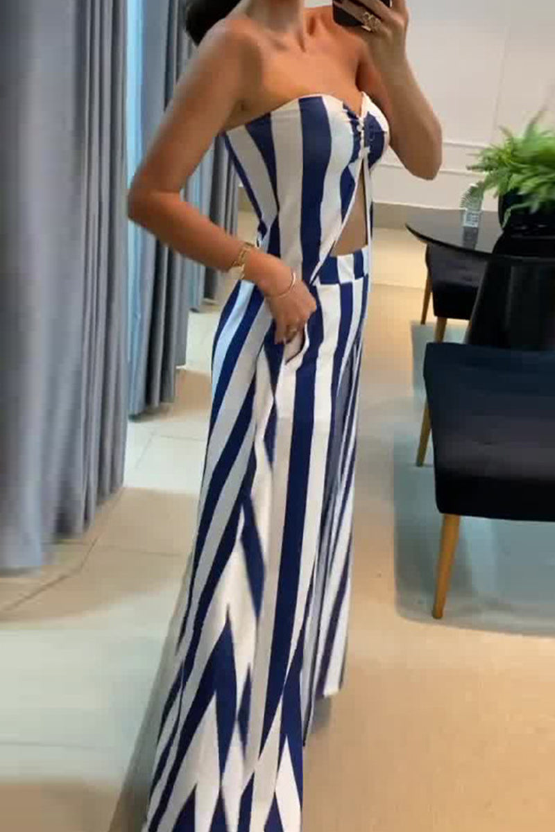 Striped Pocket Slit Strapless Sleeveless Two Pieces