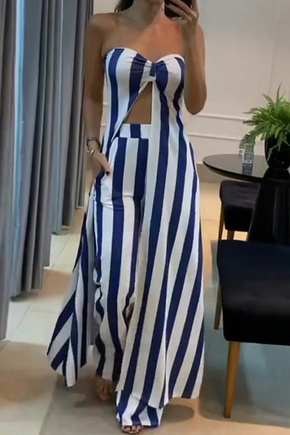 Striped Pocket Slit Strapless Sleeveless Two Pieces