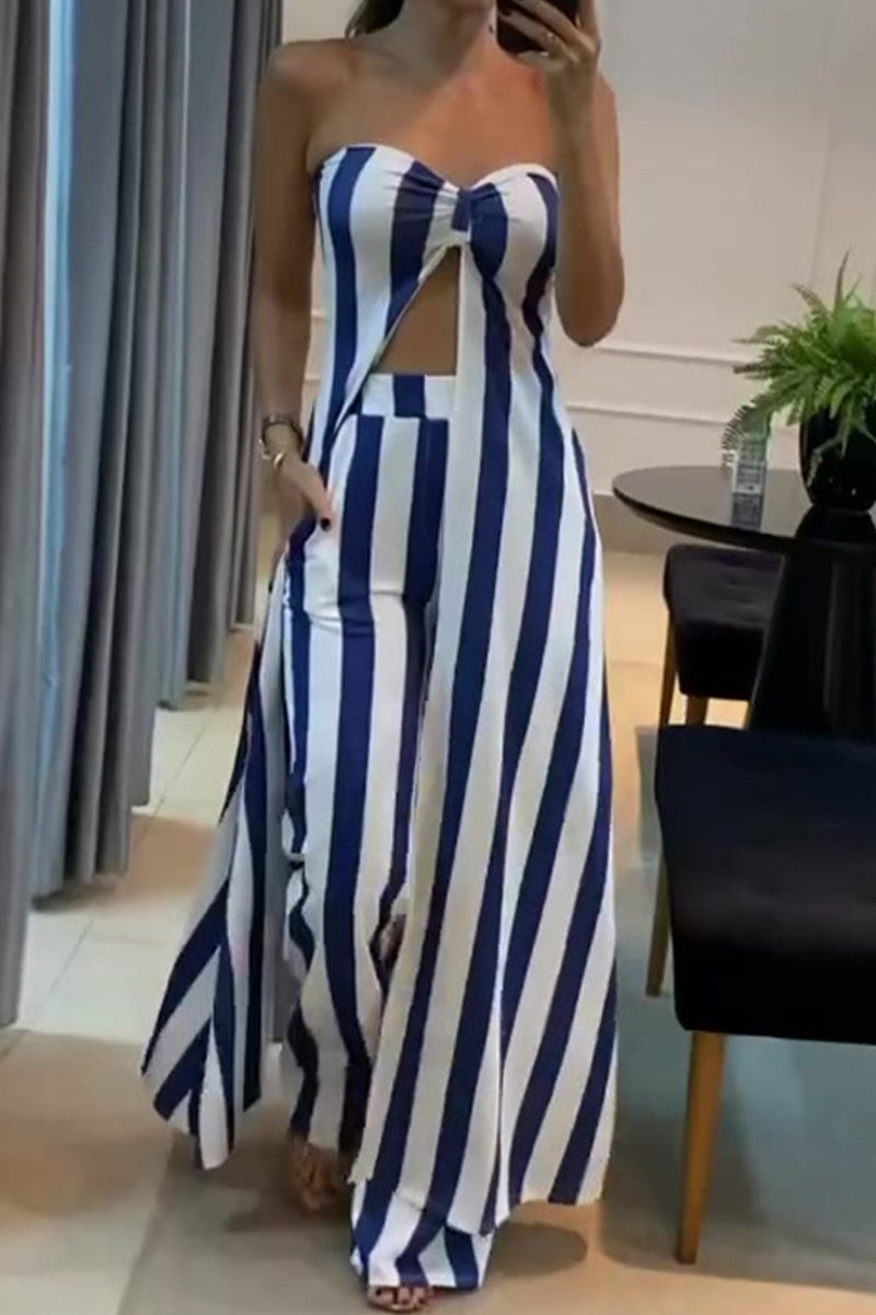 Striped Pocket Slit Strapless Sleeveless Two Pieces