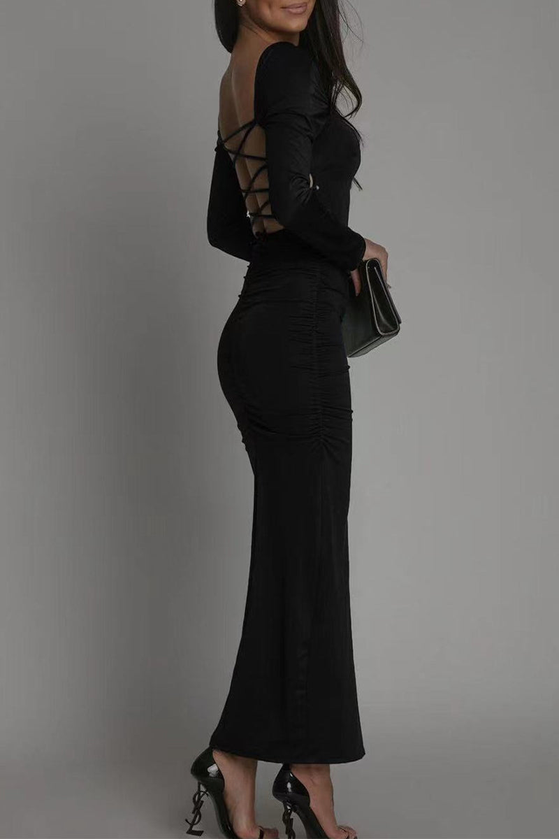 Backless Slit Square Collar Wrapped Skirt Dresses