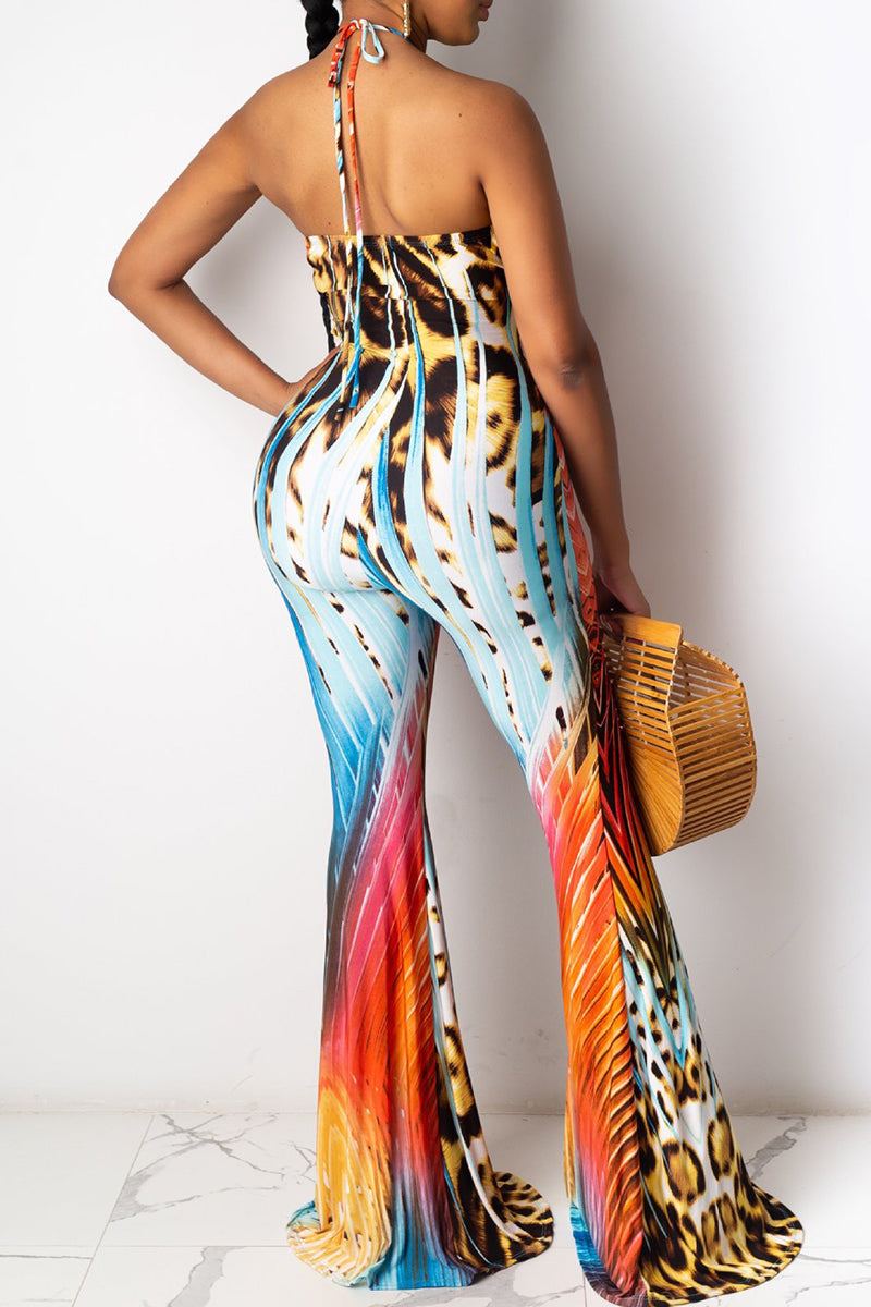Print Bandage Patchwork Halter Regular Jumpsuits