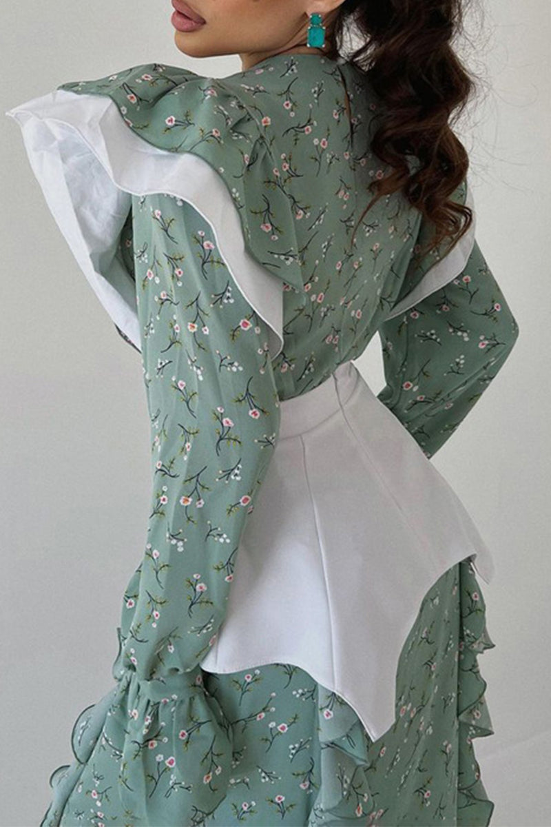 Buttons Flounce O Neck Waist Skirt Dresses(waistband)