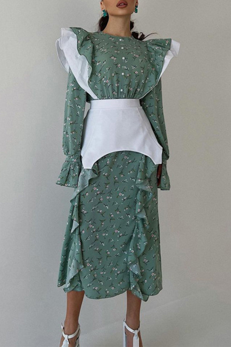 Buttons Flounce O Neck Waist Skirt Dresses(waistband)