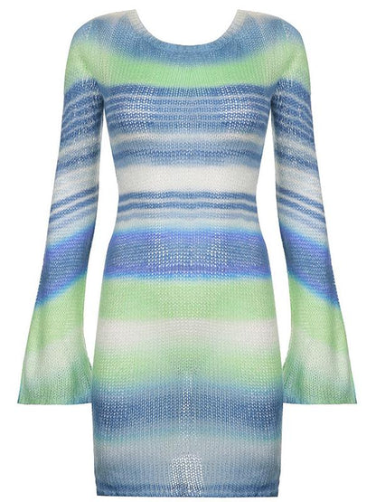 Backless Striped Knit Mini Dress With Trumpet Sleeve