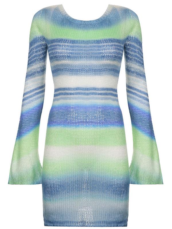 Backless Striped Knit Mini Dress With Trumpet Sleeve