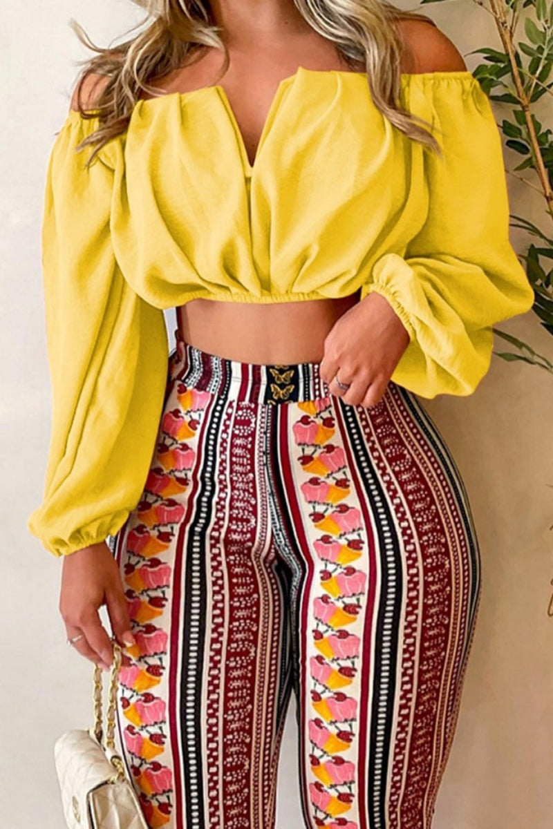 Print Backless Off the Shoulder Long Sleeve Two Pieces
