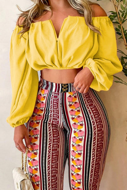 Print Backless Off the Shoulder Long Sleeve Two Pieces