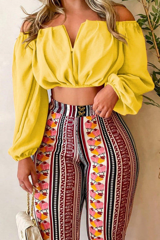 Print Backless Off the Shoulder Long Sleeve Two Pieces