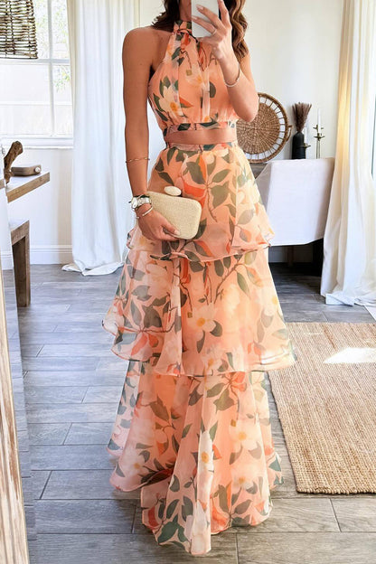 Gradual Change Print Mesh Halter Sleeveless Two Pieces