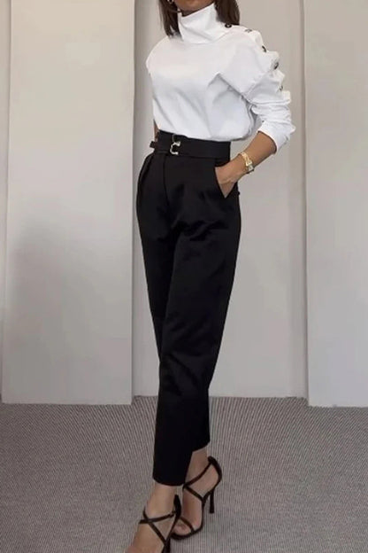 British Style Pocket Buttons Turtleneck Long Sleeve Two Pieces