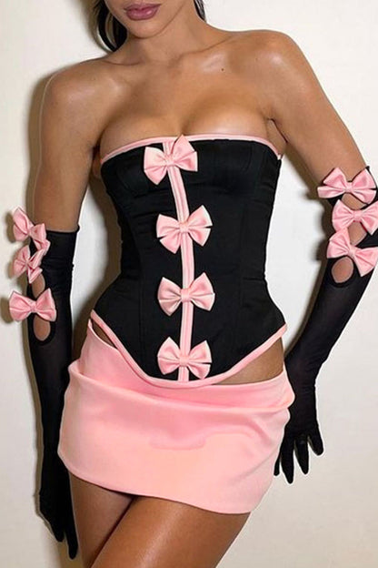 Sweet Patchwork Backless With Bow Strapless Sleeveless Two Pieces