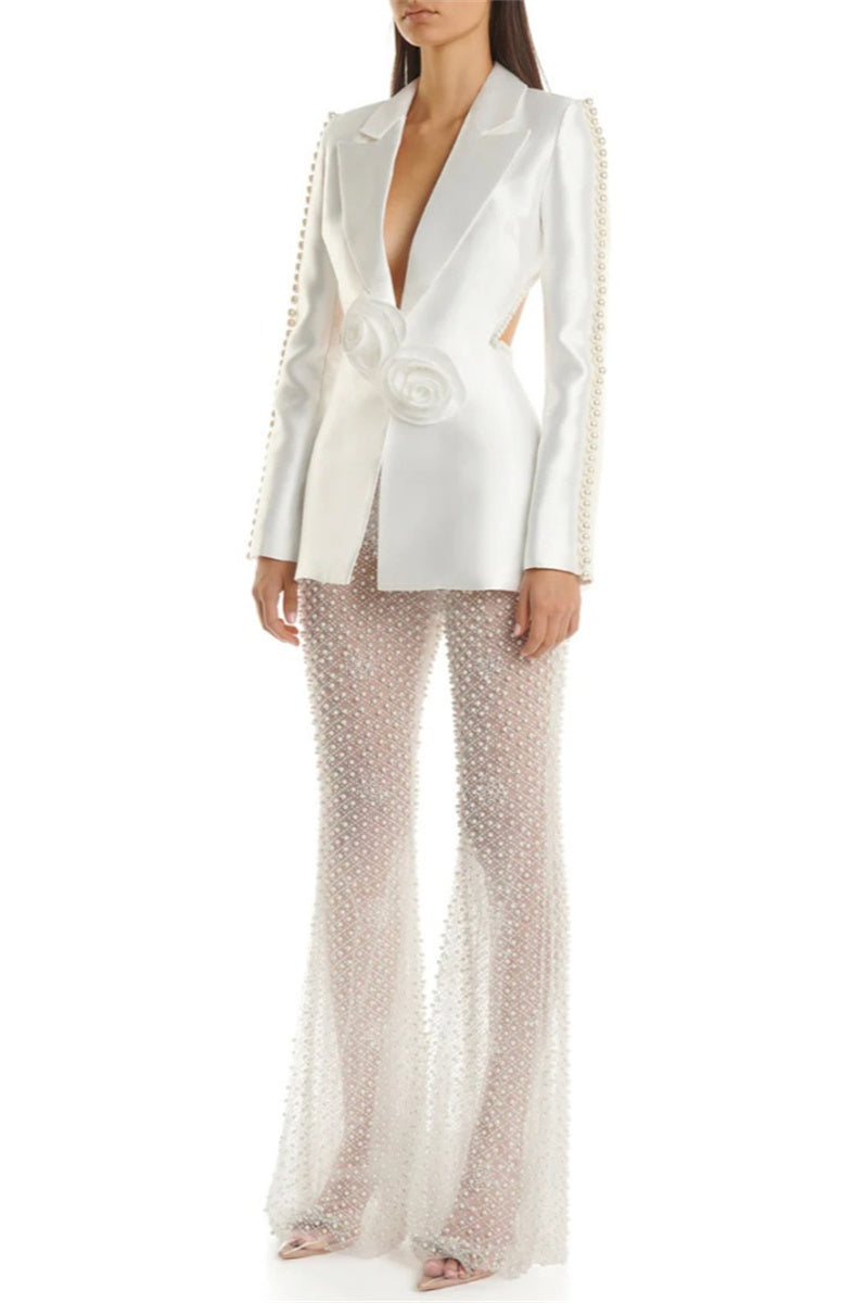 Hollowed Out Patchwork Pearl Turn-back Collar Long Sleeve Two Pieces