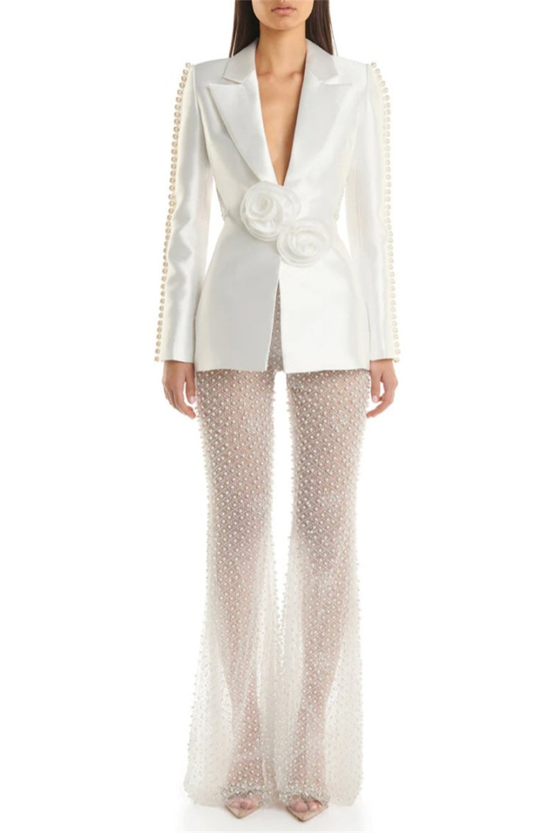 Hollowed Out Patchwork Pearl Turn-back Collar Long Sleeve Two Pieces