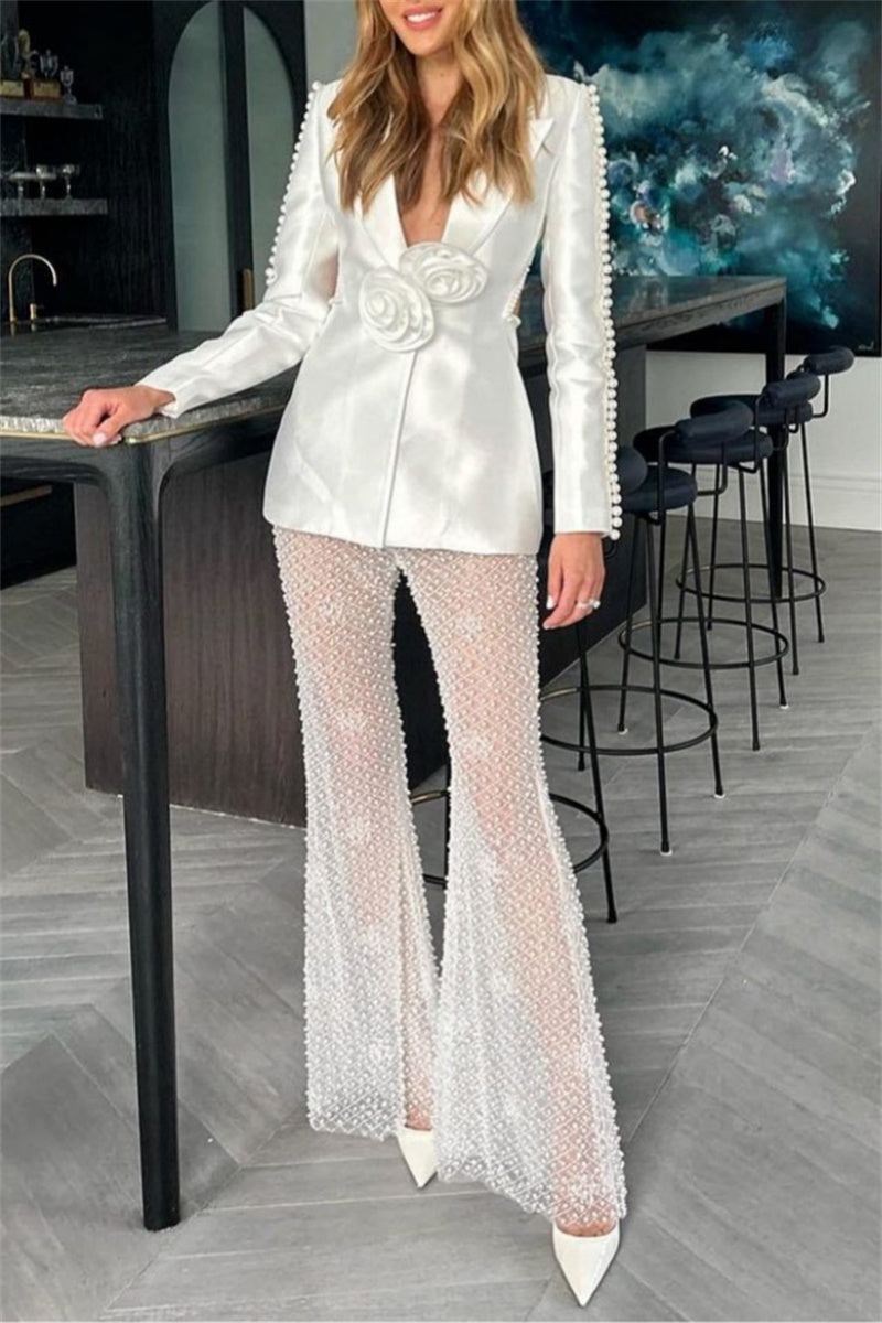 Hollowed Out Patchwork Pearl Turn-back Collar Long Sleeve Two Pieces