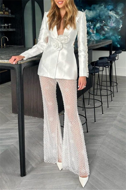 Hollowed Out Patchwork Pearl Turn-back Collar Long Sleeve Two Pieces