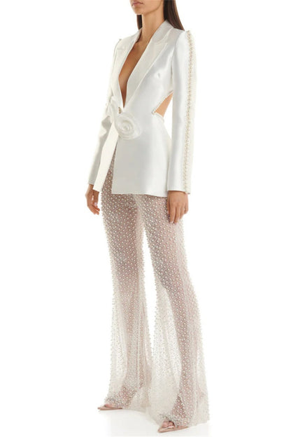 Hollowed Out Patchwork Pearl Turn-back Collar Long Sleeve Two Pieces