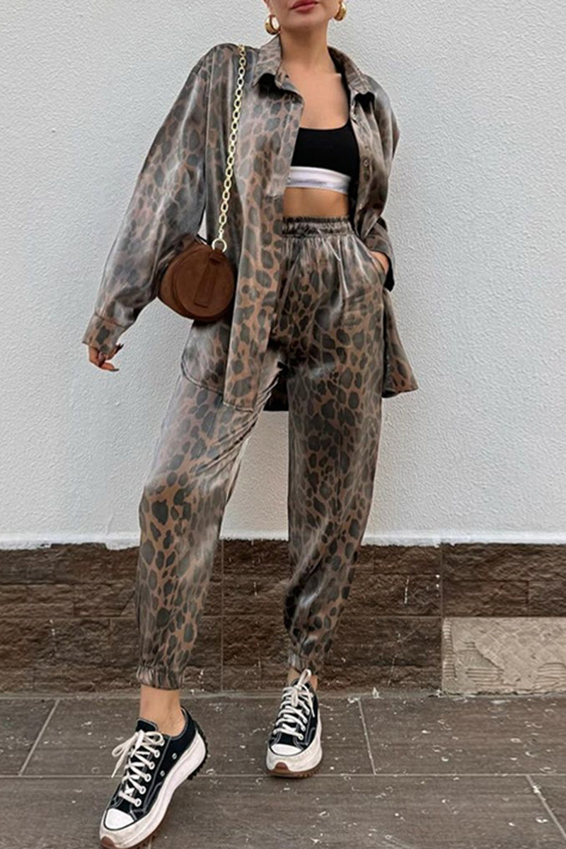 Print Leopard Frenulum Turndown Collar Long Sleeve Two Pieces