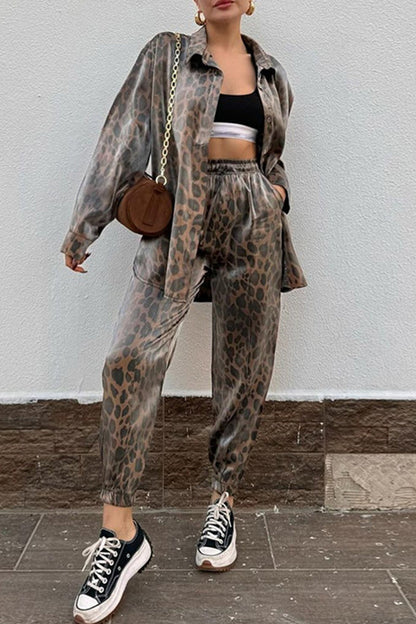 Print Leopard Frenulum Turndown Collar Long Sleeve Two Pieces