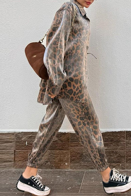 Print Leopard Frenulum Turndown Collar Long Sleeve Two Pieces