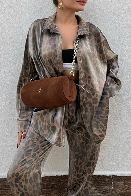 Print Leopard Frenulum Turndown Collar Long Sleeve Two Pieces