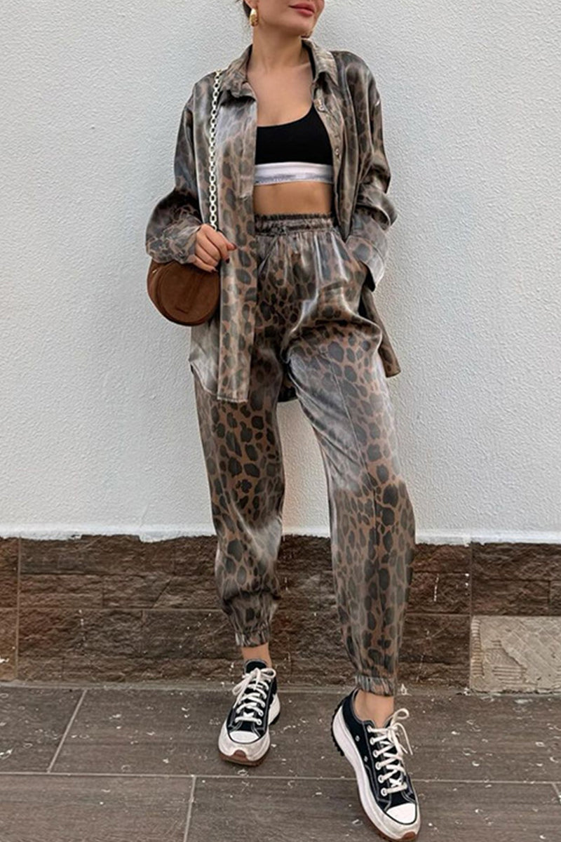 Print Leopard Frenulum Turndown Collar Long Sleeve Two Pieces