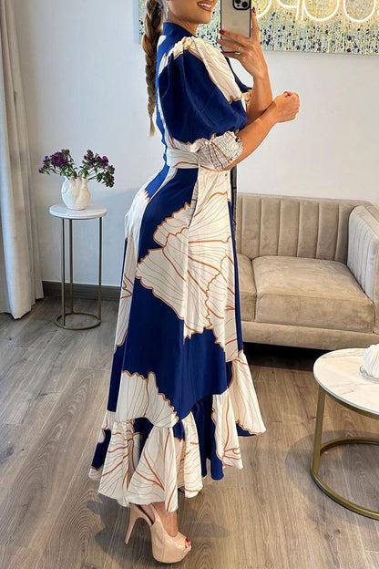 Print Asymmetrical Turndown Collar Long Dress Dresses