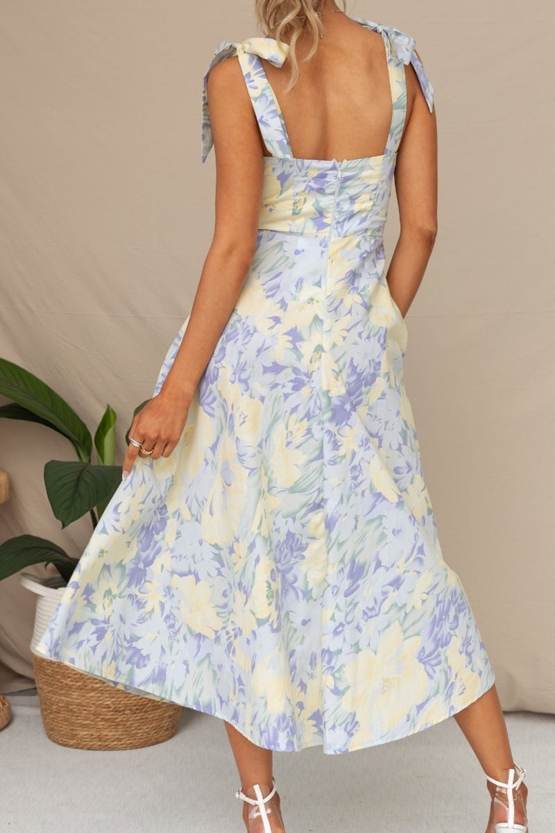 Sweet Print Flowers Fold V Neck Waist Skirt Dresses