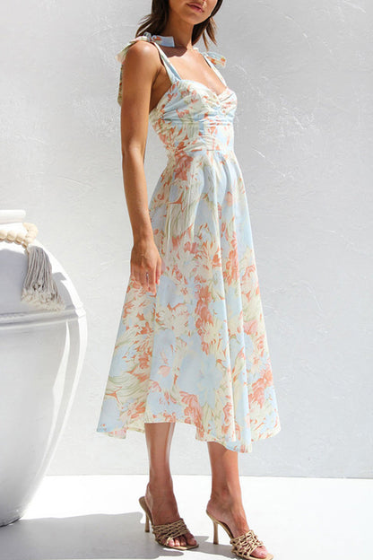 Sweet Print Flowers Fold V Neck Waist Skirt Dresses