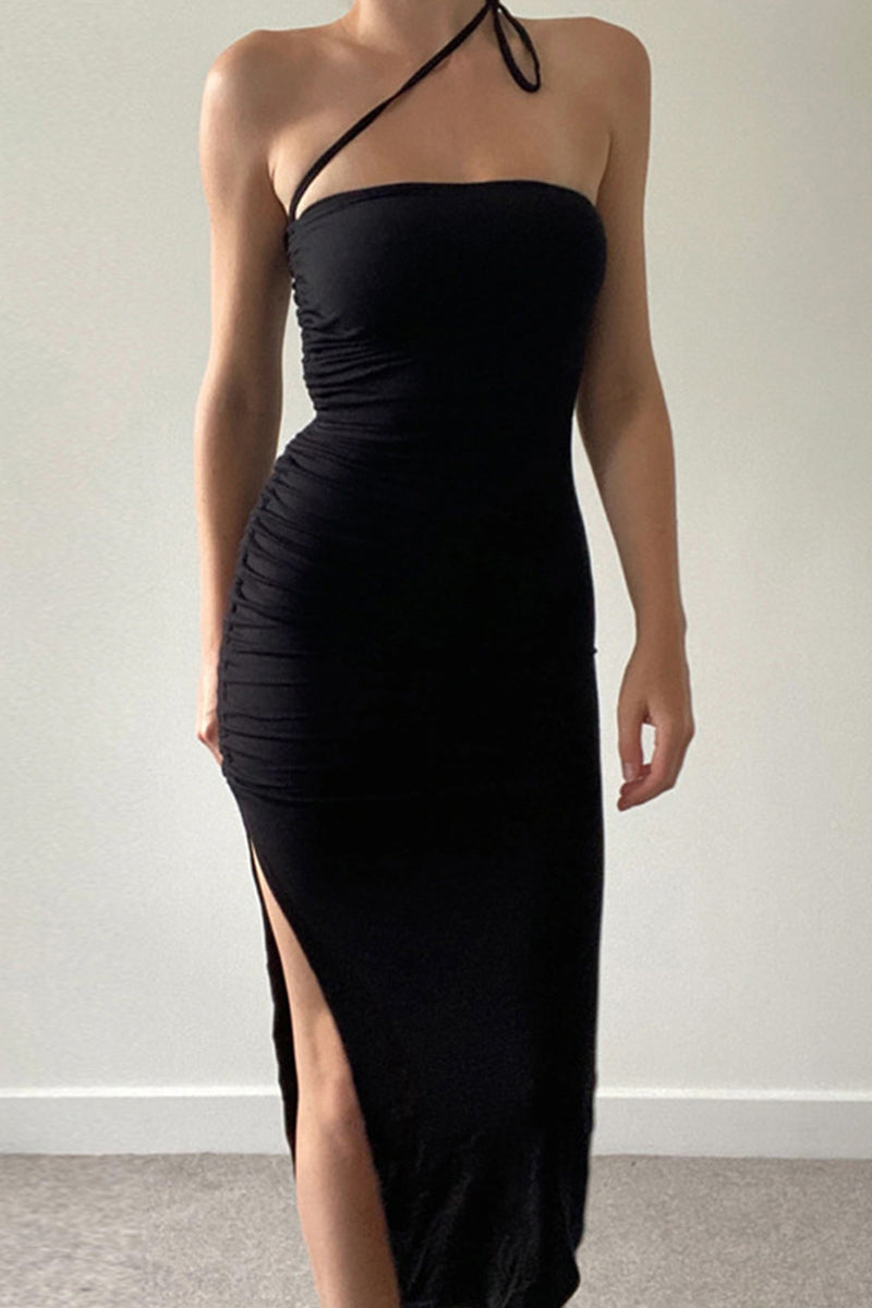 Draw String Frenulum Slit Strapless Wrapped Skirt Dresses(wear in a Variety of Ways)