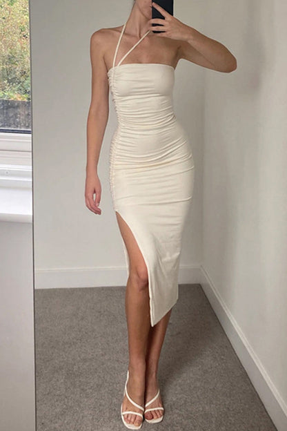 Draw String Frenulum Slit Strapless Wrapped Skirt Dresses(wear in a Variety of Ways)