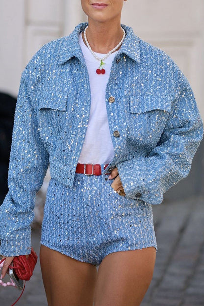 Street Sequins Sequined Turndown Collar Long Sleeve Two Pieces