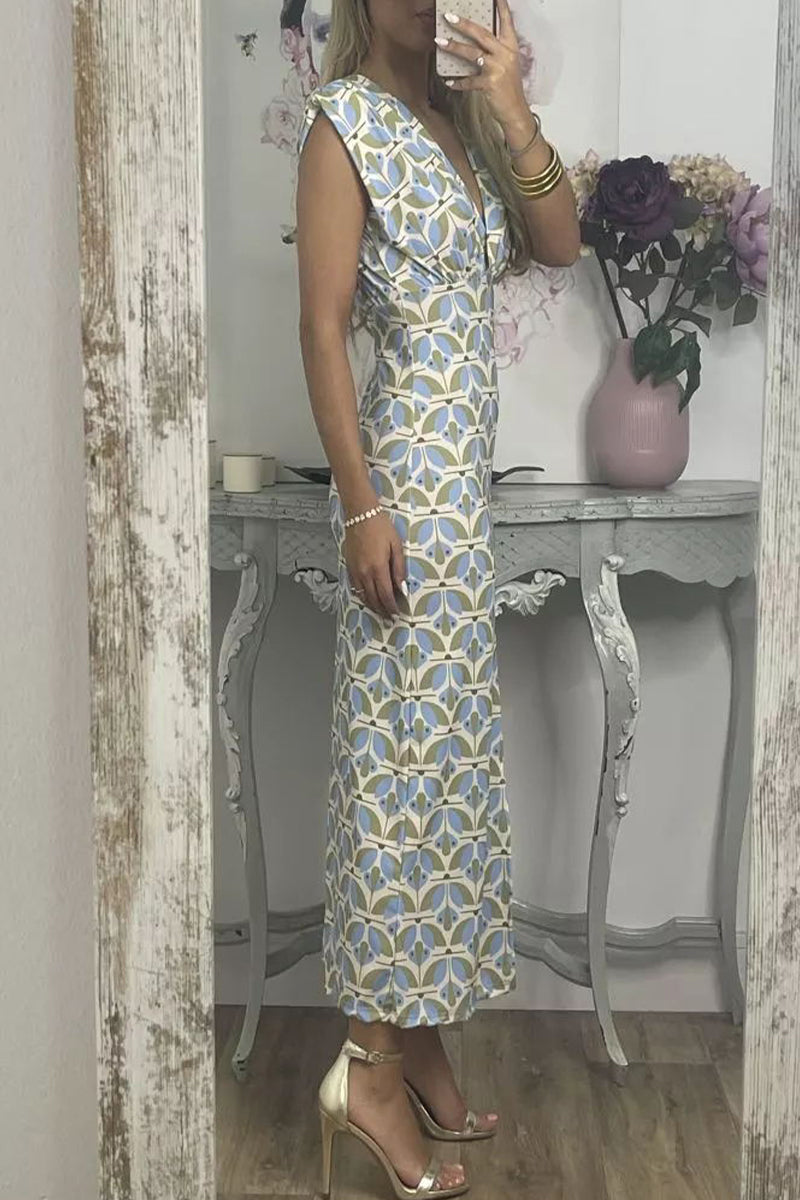 Celebrities Geometric Print Contrast V Neck One Step Skirt Dresses